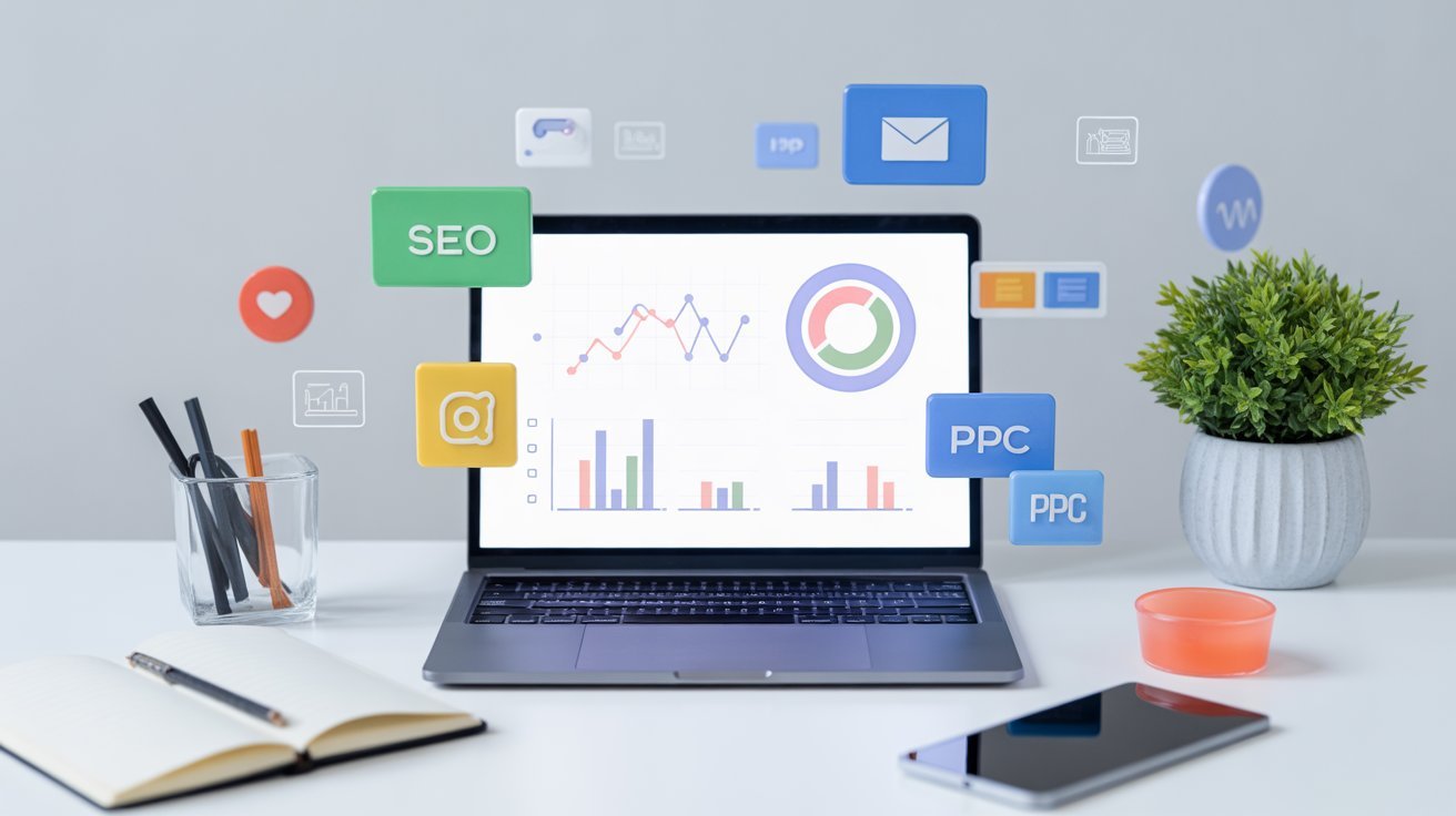 A modern flat-lay workspace with a laptop displaying marketing analytics, charts, digital icons (SEO, social media, email, PPC) floating around, in a clean professional style, bright colors, high resolution.