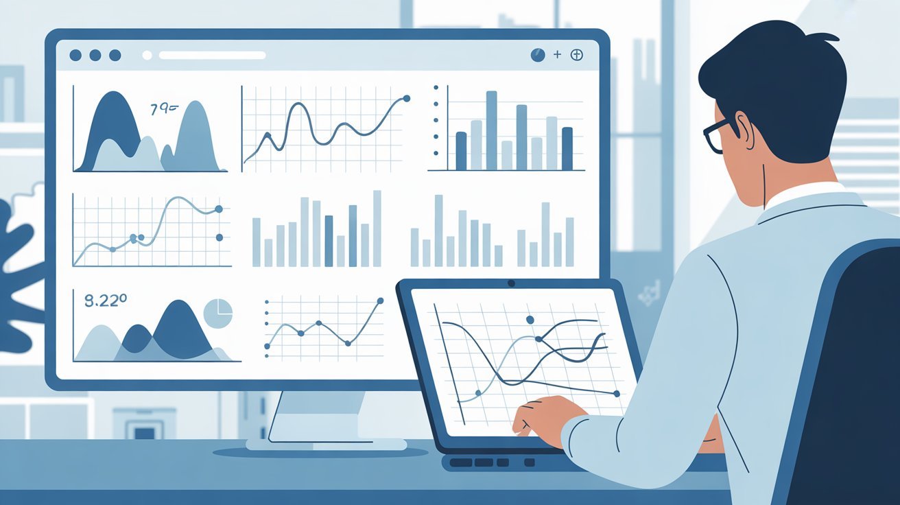 Essential statistics concepts for data analysts illustrated with charts, graphs, and probability curves on a data analytics dashboard.