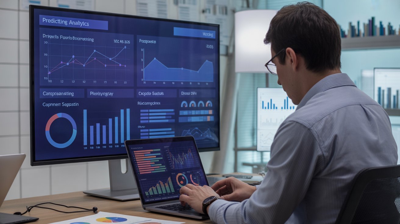 Predictive analytics dashboard showing marketing ROI forecasts, campaign performance graphs, and customer behaviour data analysis on a modern digital workspace screen.